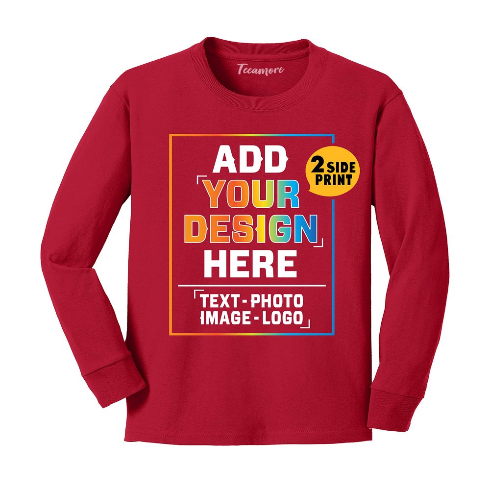 Custom Youth Long Sleeve Shirt Add Your Own Image Photo Text Front Back Side Red