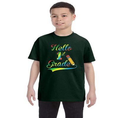 ALLNTRENDS Kids Youth T Shirt Hello 1st Grade Back to School Tee Cute Pencil (M, Forest Green)