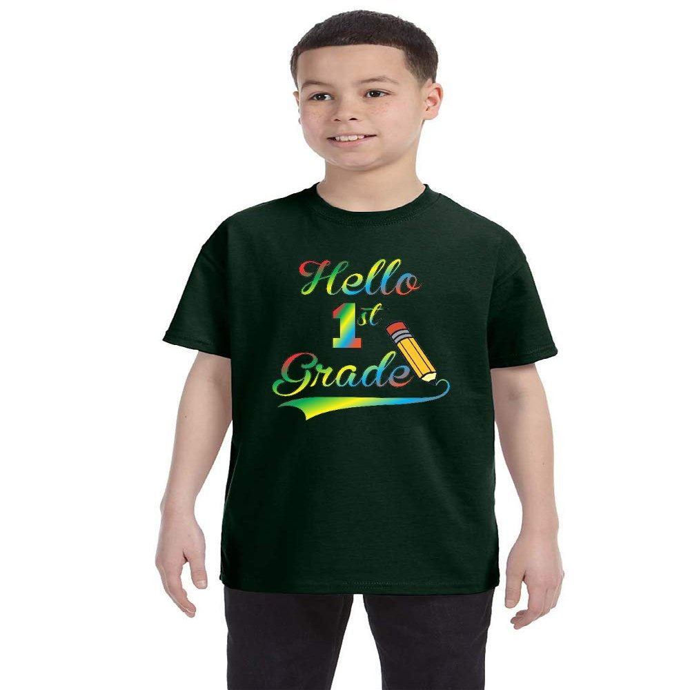 ALLNTRENDS Kids Youth T Shirt Hello 1st Grade Back to School Tee Cute Pencil (M, Forest Green)