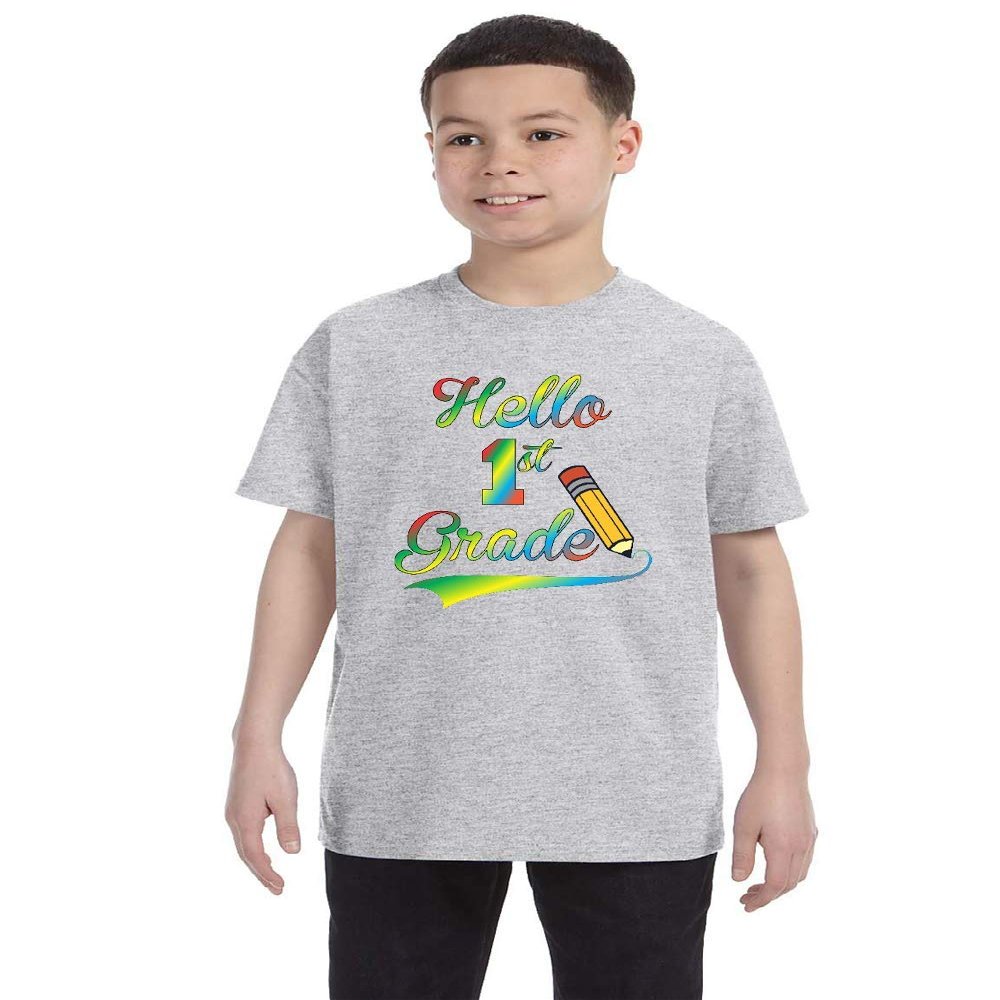 ALLNTRENDS Kids Youth T Shirt Hello 1st Grade Back to School Tee Cute Pencil (L, Ash)