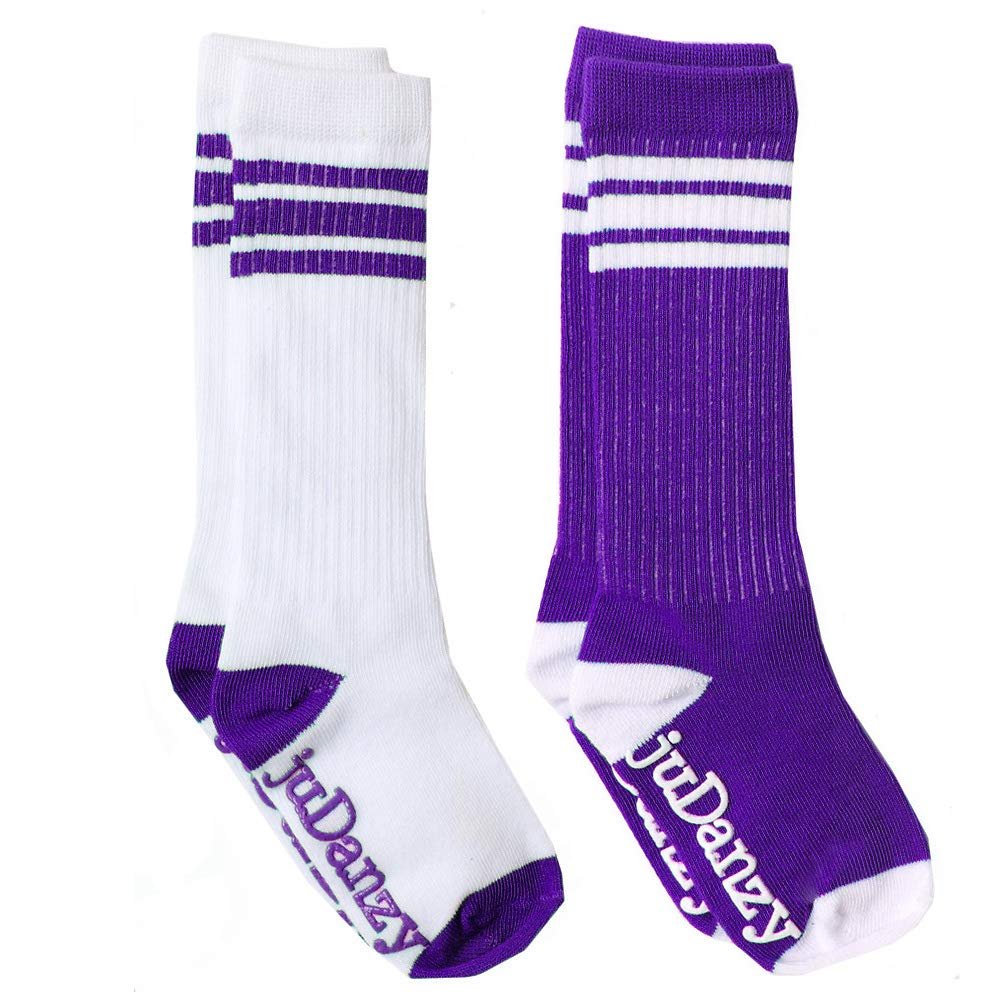 juDanzy Knee High Team Color Tube Socks for Toddler and Youth Boys and Girls (2 Pack) (4-6 Years (Shoe Size 9C-1) With Anti-slip grip, Purple)