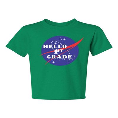 ALLNTRENDS Kids Youth T Shirt Hello 1st Grade Back to School Tee Cool Space (S, Kelly Green)