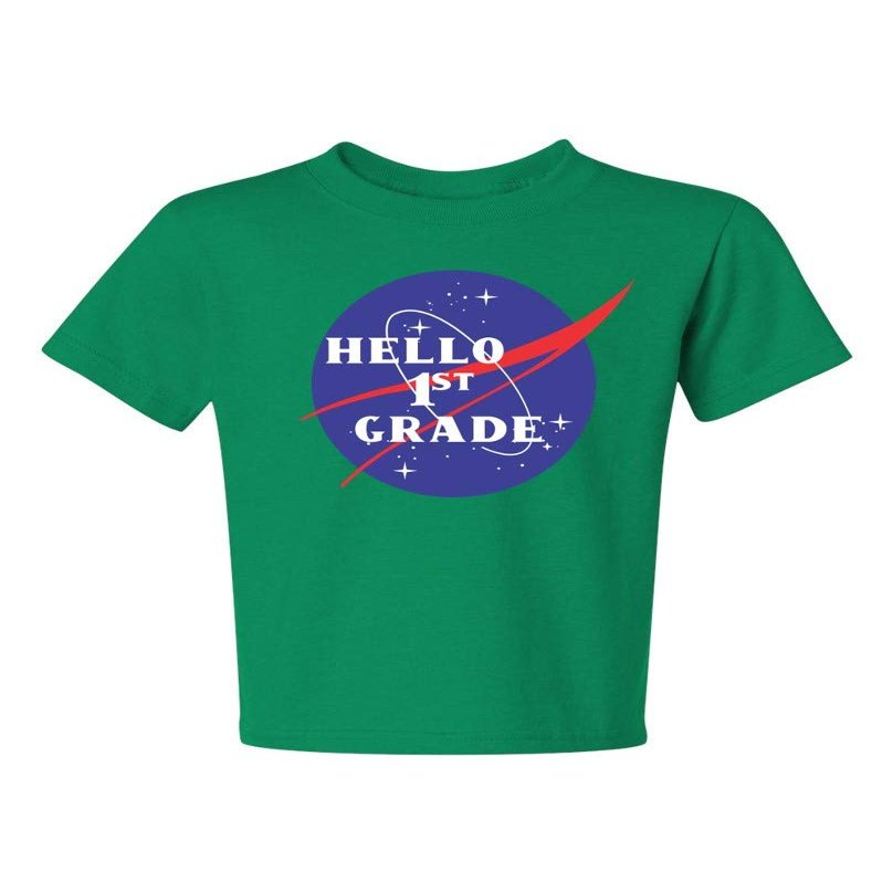 ALLNTRENDS Kids Youth T Shirt Hello 1st Grade Back to School Tee Cool Space (S, Kelly Green)