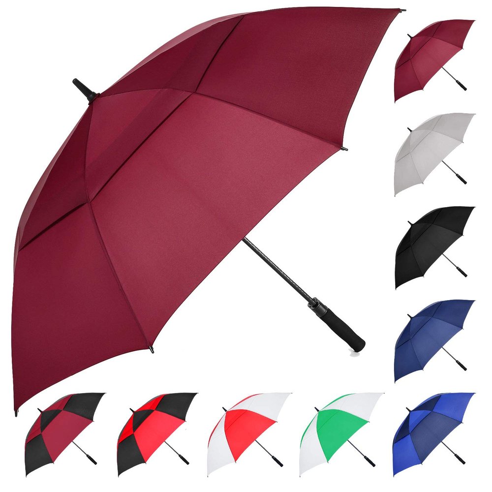 MRTLLOA Automatic Open Golf Umbrella, Extra-Large Oversized Double Canopy Vented Windproof Waterproof Stick Rain Golf Umbrellas for Men and Women (Burgundy/68 in)