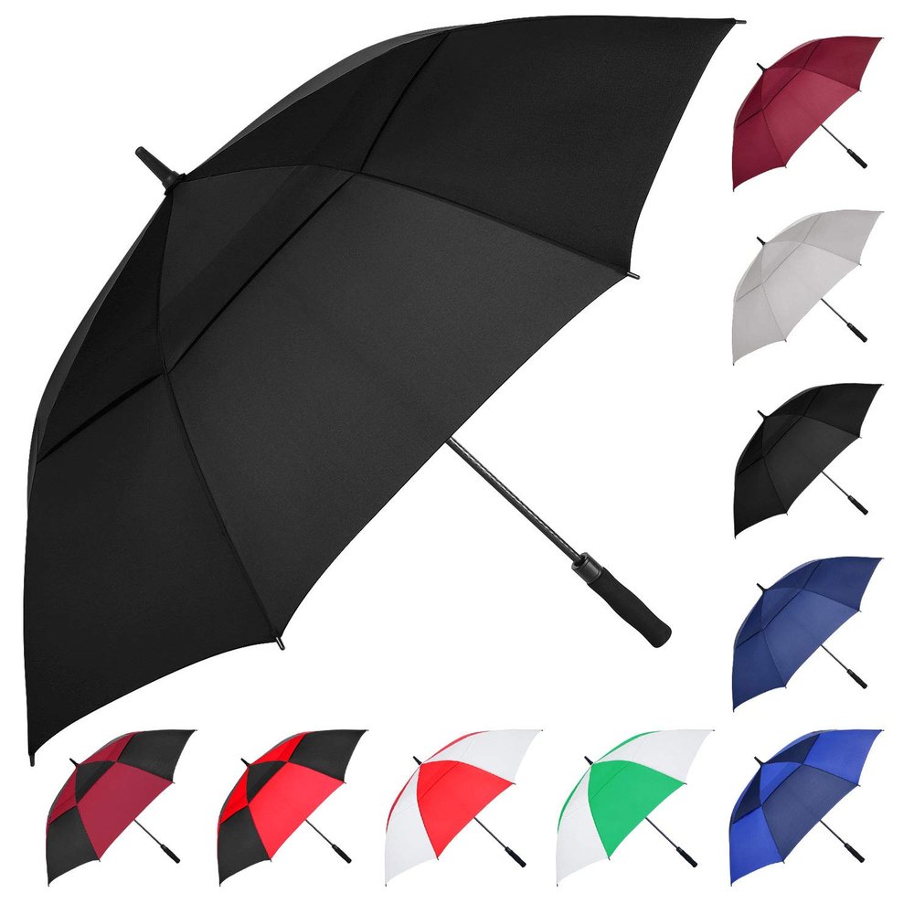 MRTLLOA Extra Large Black Golf Umbrella, 54/62/68/72 Inch Automatic Open, Oversize Double Canopy Vented Windproof Waterproof Sports Stick Umbrellas for Rain(62 Inch Black)