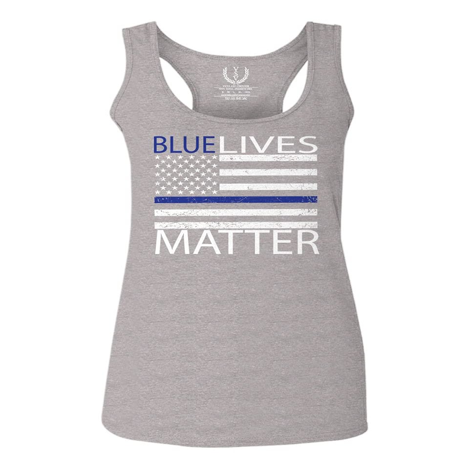 0181. Blue Lives Matter American Flag Thin Blue Line USA Police Support Patriotic Style Women's Tank Top Racerback (Light Gray Large)