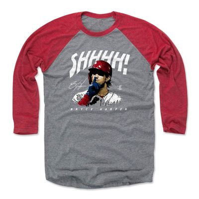 500 LEVEL Bryce Harper 3/4 Sleeve T-Shirt (Baseball Tee, XXX-Large, Red/Heather Gray) - Bryce Harper Shhhh W WHT