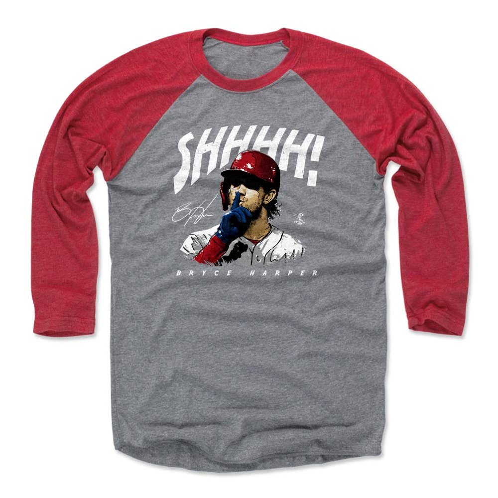 500 LEVEL Bryce Harper 3/4 Sleeve T-Shirt (Baseball Tee, XXX-Large, Red/Heather Gray) - Bryce Harper Shhhh W WHT