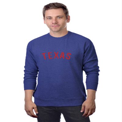 Daxton Texas Sweatshirt Athletic Fit Pullover Crewneck French Terry Fabric, Denim Sweatshirt Red Letters, M