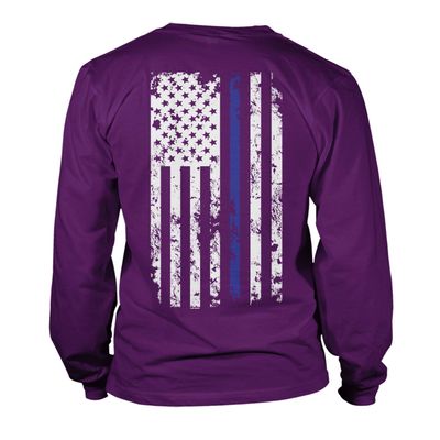 Haase Unlimited Blue Line American Flag - Police Support Unisex Long Sleeve Shirt (Purple - Back Print, Medium)
