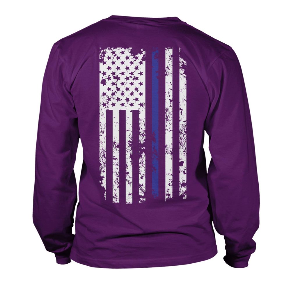 Haase Unlimited Blue Line American Flag - Police Support Unisex Long Sleeve Shirt (Purple - Back Print, Medium)