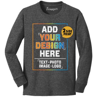 TEEAMORE Custom Youth Long Sleeve Shirt Add Your Own Image Photo Design Personalized Text Dark Grey Heather