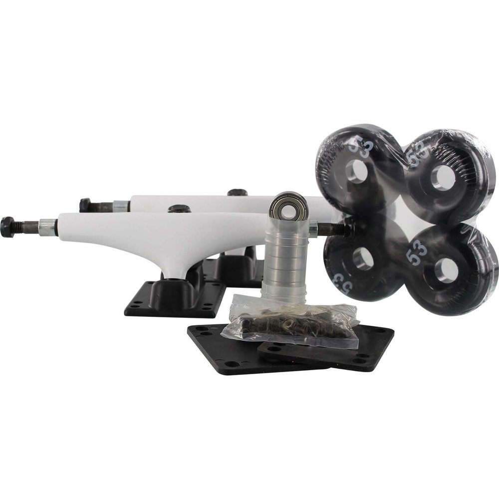 Essentials White Black Trucks with 53mm Black Wheels, Bearings & Hardware Kit - 5.25" Hanger 8.0" Axle (Set of 2)