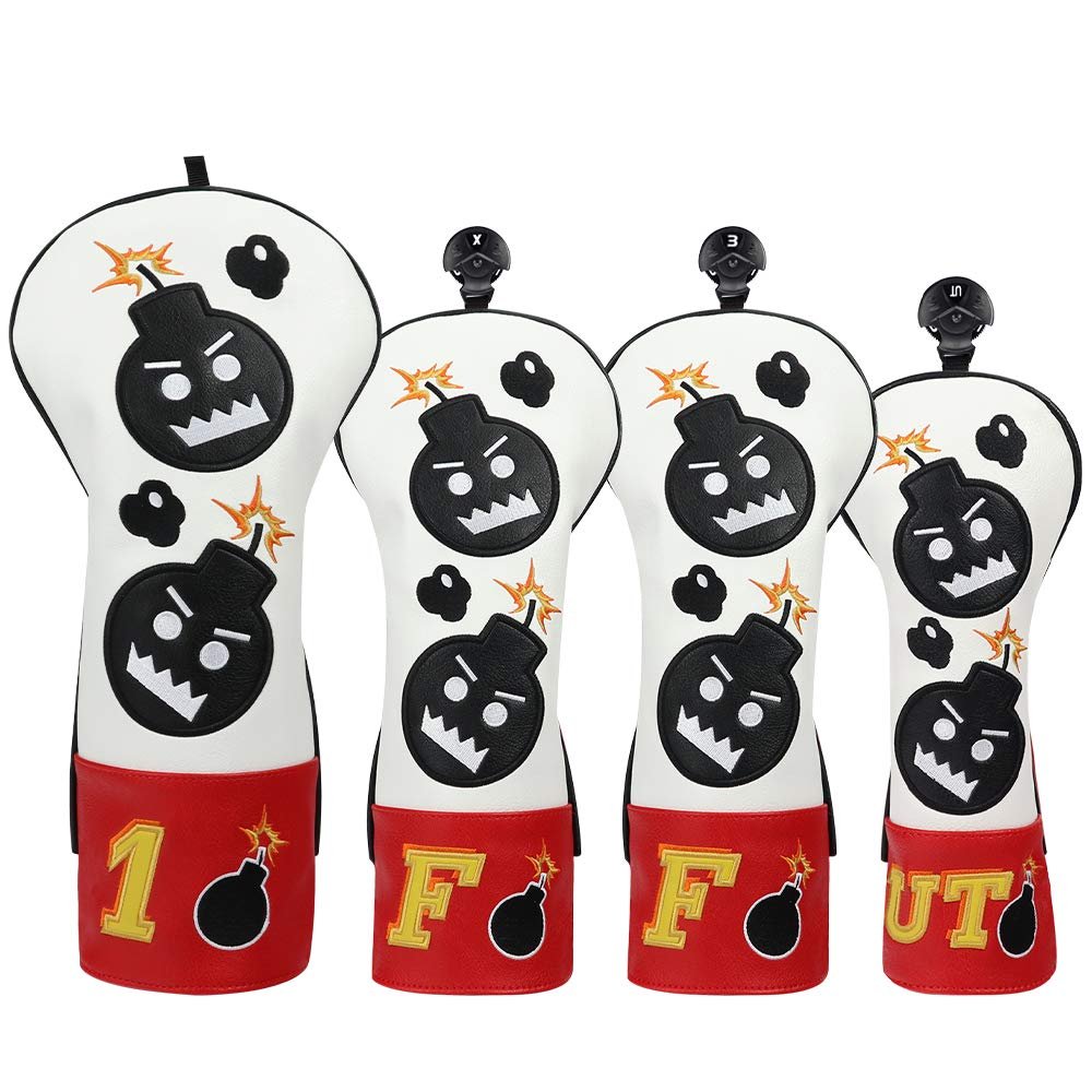 Craftsman Golf Driver Headcover Embroidery Bomb, Red and White PU Leather Golf Head Covers for Driver Fairway Woods Hybrids (4pcs(1,F,F,UT)