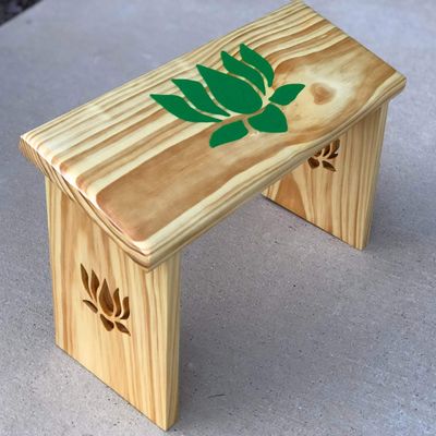 Handcrafted Meditation Bench. Features Hand Painted Green Lotus Flower and Lotus Legs
