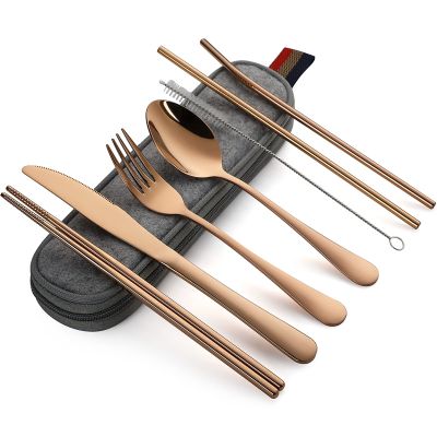 DEVICO Camping Utensils, 8-Piece Full-Size Reusable Silverware for Lunch Adult, Stainless Steel Portable Fork Spoon Knife Set for Work, Travel Cutlery Set with Case and Chopsticks Straws (Rose Gold)