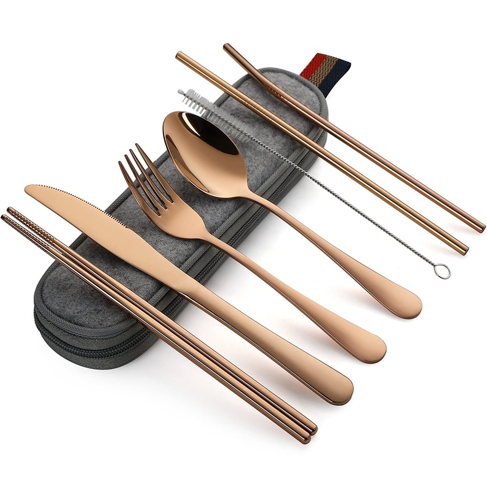 DEVICO Camping Utensils, 8-Piece Full-Size Reusable Silverware for Lunch Adult, Stainless Steel Portable Fork Spoon Knife Set for Work, Travel Cutlery Set with Case and Chopsticks Straws (Rose Gold)
