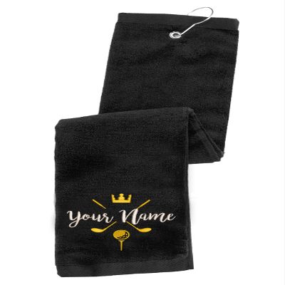 Printualist Personalized Golf Towel - Custom Embroidered Design & Name - Golf Clubs and Golf Balls Design - 16" x 26", Black, Absorbent Cotton Terry Velour Fabric