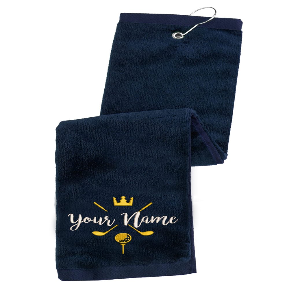 Printualist Personalized Golf Towel - Custom Embroidered Design & Name - Golf Clubs and Golf Balls Design - 16" x 26", Blue, Absorbent Cotton Terry Velour Fabric