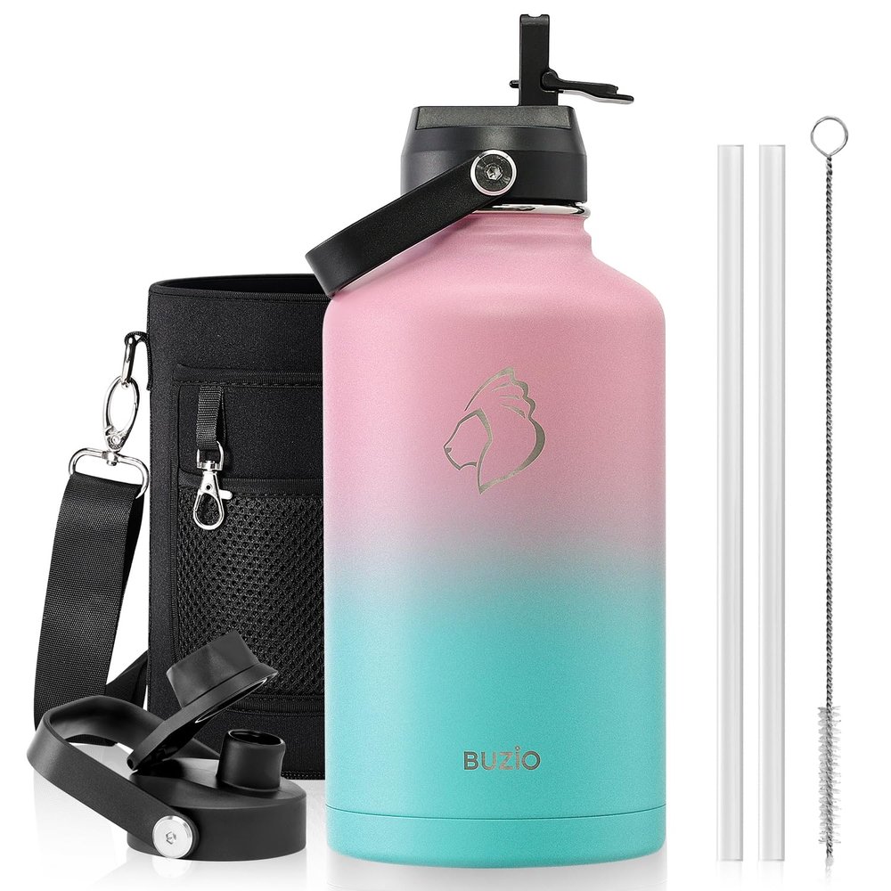 BUZIO Vacuum Insulated Stainless Steel Water Bottle 64oz (Cold for 48 Hrs/Hot for 24 Hrs) BPA Free Double Wall Travel Mug/Flask for Outdoor Sports Hiking, Cycling, Cam,Camping, Running, Bubble Gum