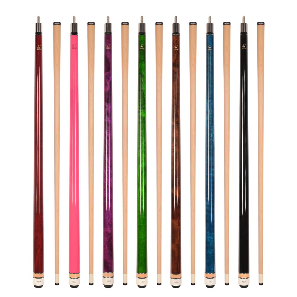 ASKA Set of Wrapless 2-Piece Billiard Pool Cues L3, 58" Hard Rock Canadian Maple, 13mm Hard Le Pro Tip, Mixed Weights and Colors (Set of 7 Sticks)