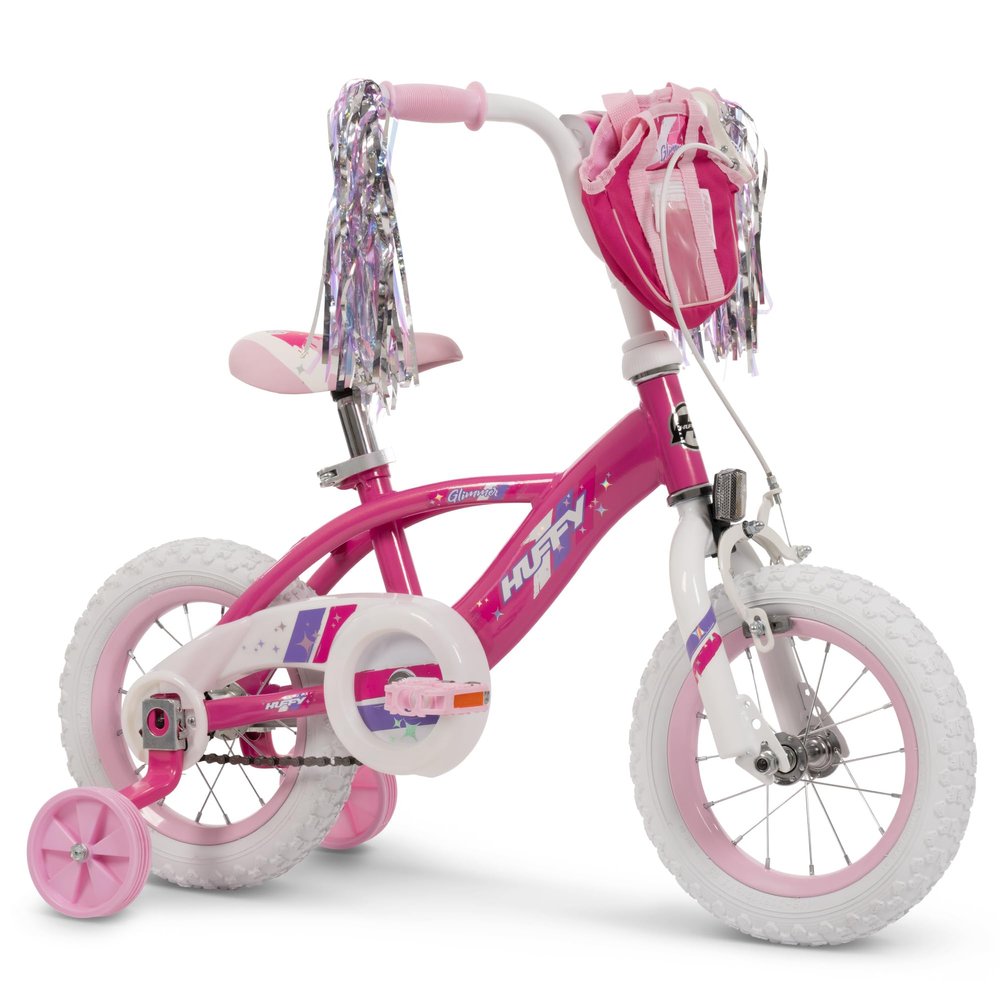 Huffy Glimmer 12" Kids Bike, Ideal for Ages 3 to 5 Years Old, Shimmering Streamers, EZ Build Assembly, Removable Training Wheels, Simple to Ride, Durable Steel Frame, Adjustable Comfort, Pink
