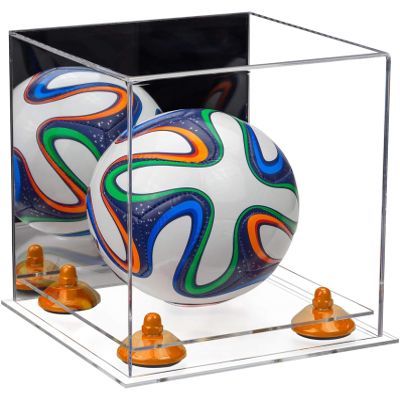 Better Display Cases Acrylic Mini - Miniature (not Full Size) Soccer Ball Display Case with Mirror Case, Orange Risers and Clear Base (B03/A015)