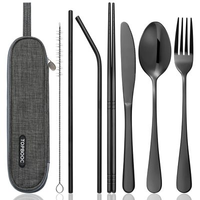 Travel Utensils Set with Case  8-Piece Reusable Stainless Steel Camping Cutlery Set for Lunchbox, Office, School  Portable Fork Spoon Knife Chopsticks  Dishwasher Safe  Black