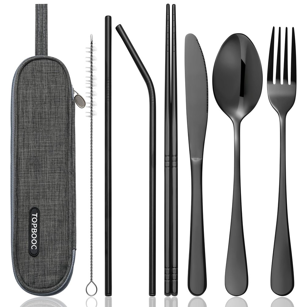 Travel Utensils Set with Case  8-Piece Reusable Stainless Steel Camping Cutlery Set for Lunchbox, Office, School  Portable Fork Spoon Knife Chopsticks  Dishwasher Safe  Black