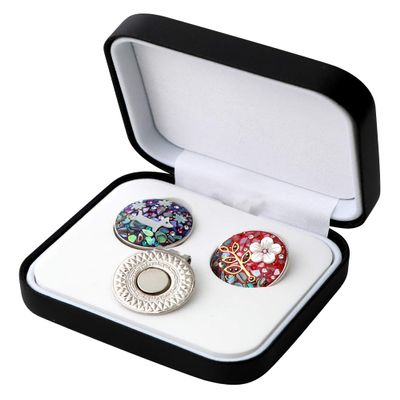 Antique Alive Mother of Pearl Dog Cat Fish Flower Design Circle Coin Metal Magnetic Pro Hat Cap Clip Golf Ball Marker Gift Set (Dog Flower)