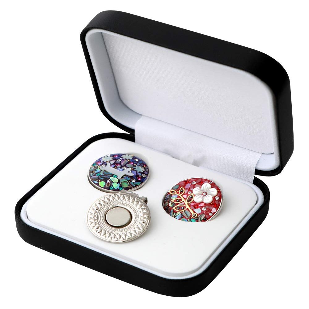 Antique Alive Mother of Pearl Dog Cat Fish Flower Design Circle Coin Metal Magnetic Pro Hat Cap Clip Golf Ball Marker Gift Set (Dog Flower)