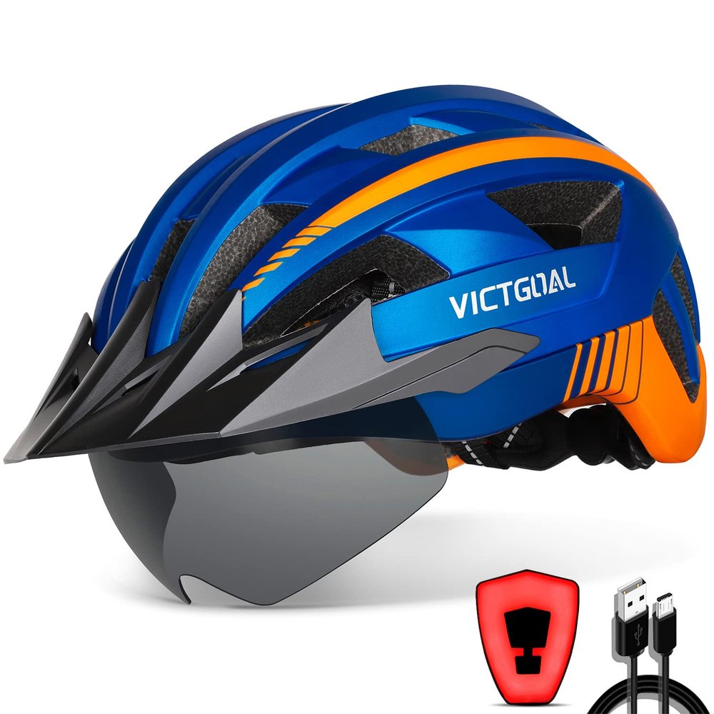 VICTGOAL Bike Helmet with USB Rechargeable Rear Light Detachable Magnetic Goggles Removable Sun Visor Mountain & Road Bicycle Helmets for Men Women Adult Cycling Helmets (L: 57-61 cm, Blue)