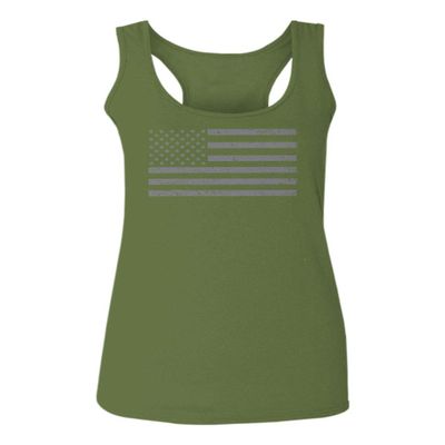 0176. Gray America USA American United States Vintage Flag Patriotic Style Women's Tank Top Racerback (Olive, Large)