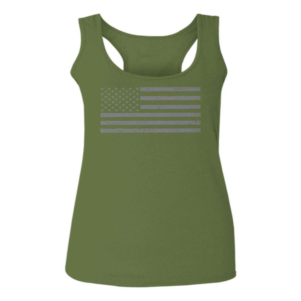 0176. Gray America USA American United States Vintage Flag Patriotic Style Women's Tank Top Racerback (Olive, Large)