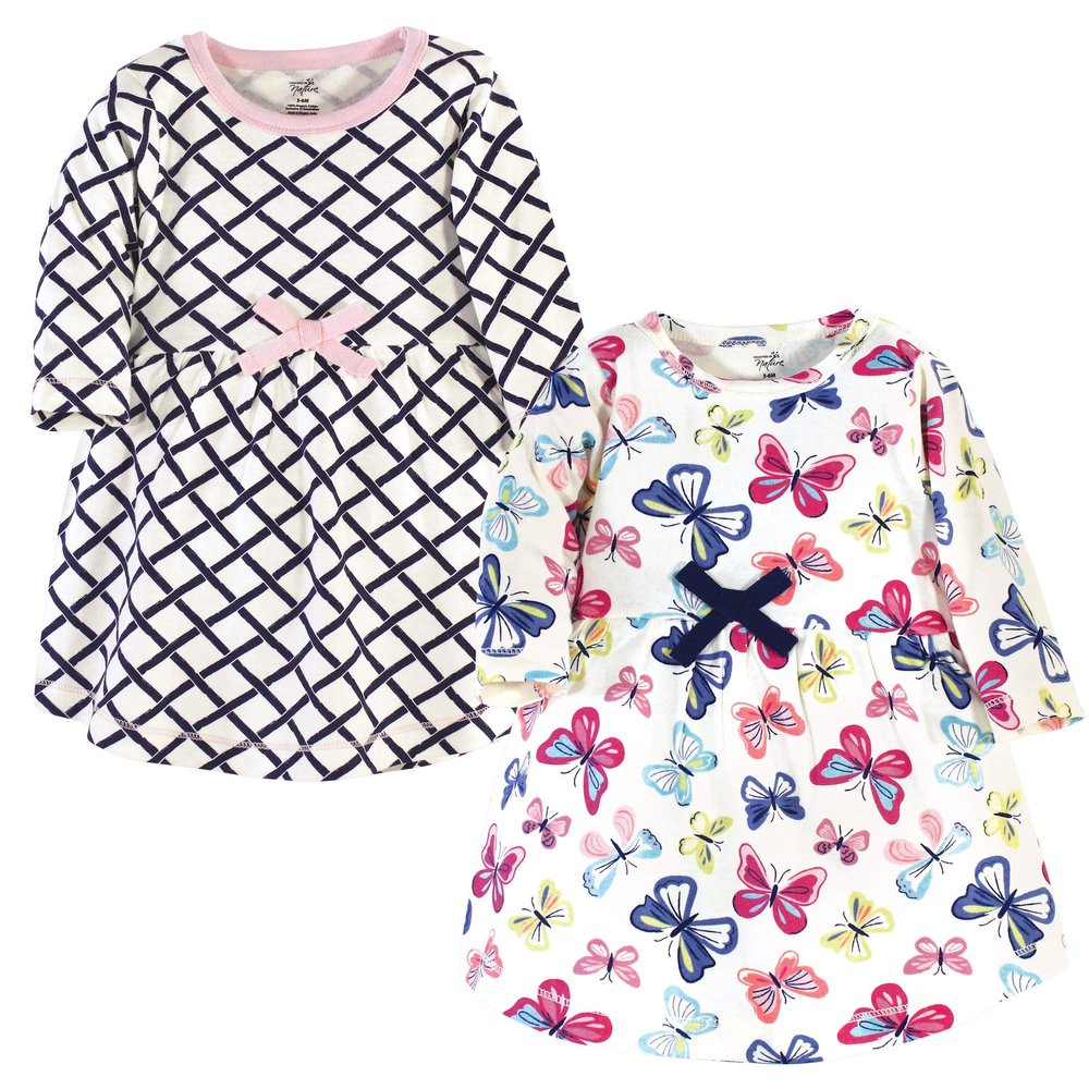 Touched by Nature Girls, Toddler, Baby and Womens Organic Cotton Short-Sleeve and Long-Sleeve Dresses, Bright Butterflies Long Sleeve, 9-12 Months