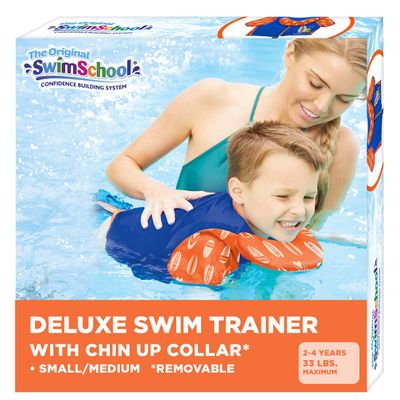 SwimSchool Swim Trainer - Small/Medium - Swim Vest with Shoulder Sleeves, Adjustable Safety Strap, and Removable Chin-Up Collar -Blue/Orange