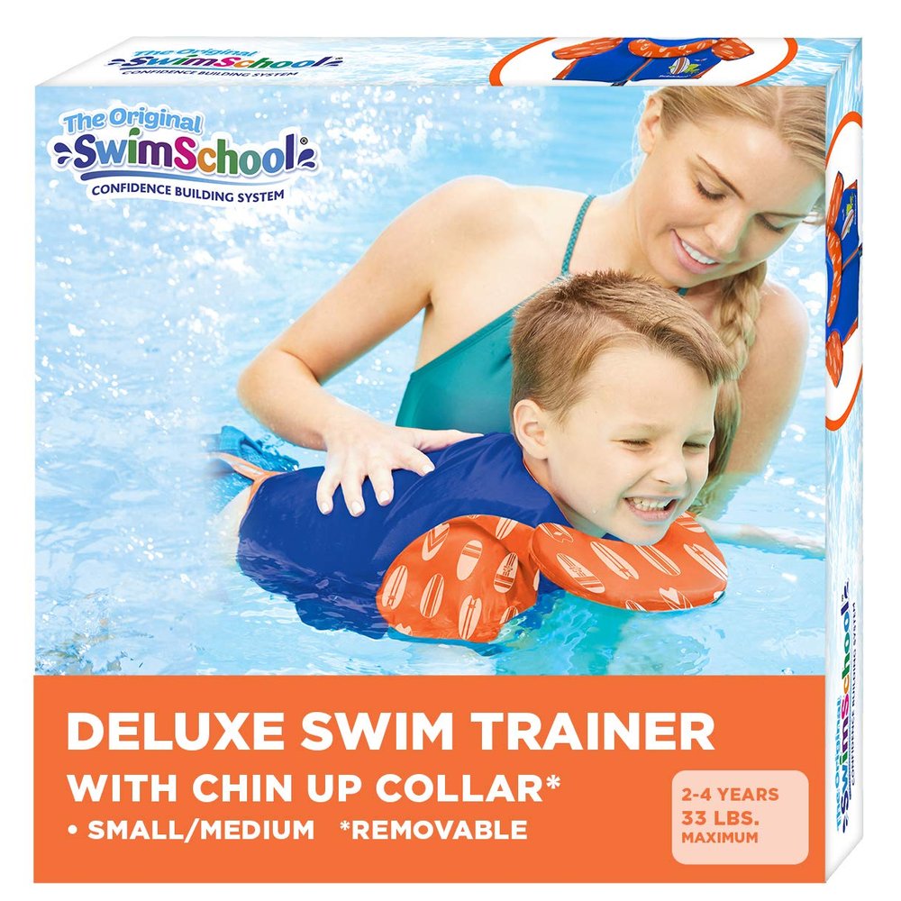 SwimSchool Swim Trainer - Small/Medium - Swim Vest with Shoulder Sleeves, Adjustable Safety Strap, and Removable Chin-Up Collar -Blue/Orange