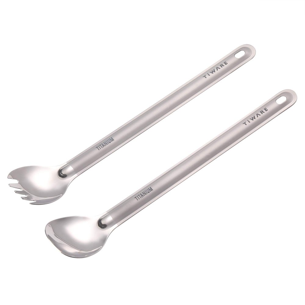 Lot of 2 Titanium Long Handle Spoon & Spork (2 in 1 spoon & fork) Outdoor Ultralight Portable Stirring/Mixing Cookware Polished bowl Flatware for Kitchen Camping Hiking Traveling w. Storage bag