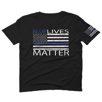 0181. Blue Lives Matter American Flag with Blue Line USA Police Support Patriotic Style for Men T Shirt (Black X-Large)