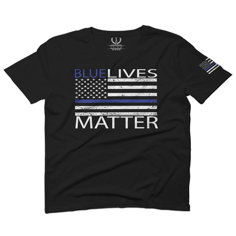 0181. Blue Lives Matter American Flag Thin Blue Line USA Police Support Patriotic Style for Men T Shirt (Black Medium)