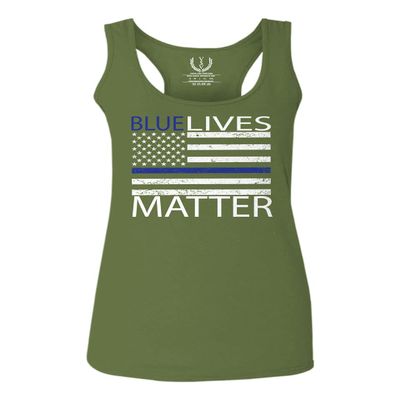 0181. Blue Lives Matter American Flag Thin Blue Line USA Police Support Patriotic Style Women's Tank Top Racerback (Olive, Small)