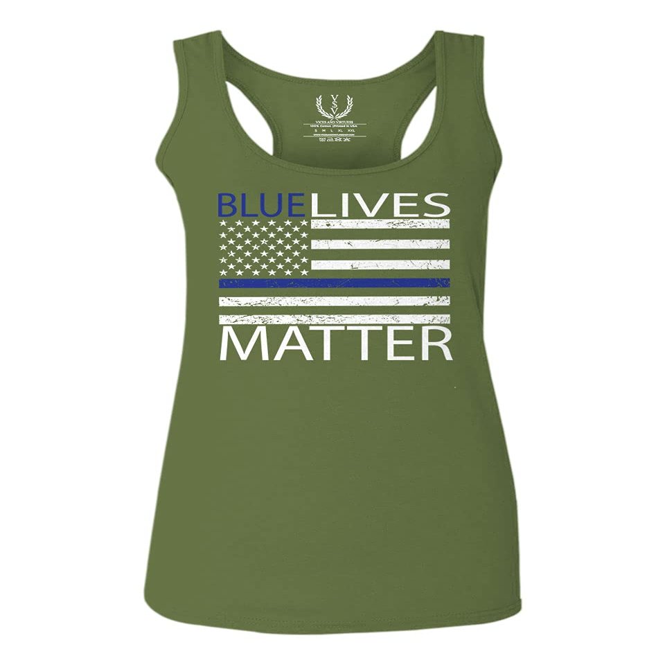 0181. Blue Lives Matter American Flag Thin Blue Line USA Police Support Patriotic Style Women's Tank Top Racerback (Olive, Small)