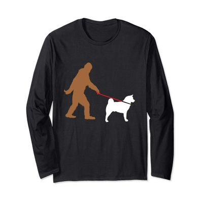 Bigfoot Walking Akita Dog Sasquatch Long Sleeve T-Shirt