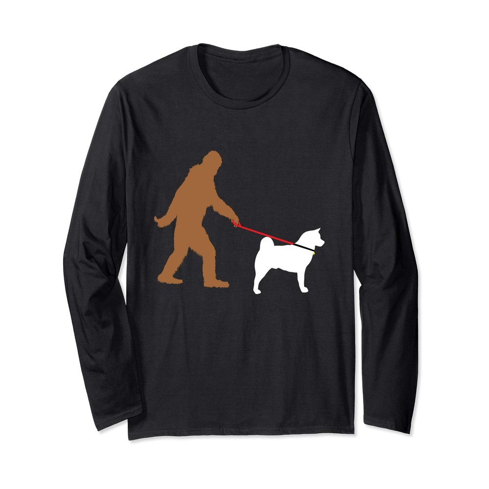 Bigfoot Walking Akita Dog Sasquatch Long Sleeve T-Shirt