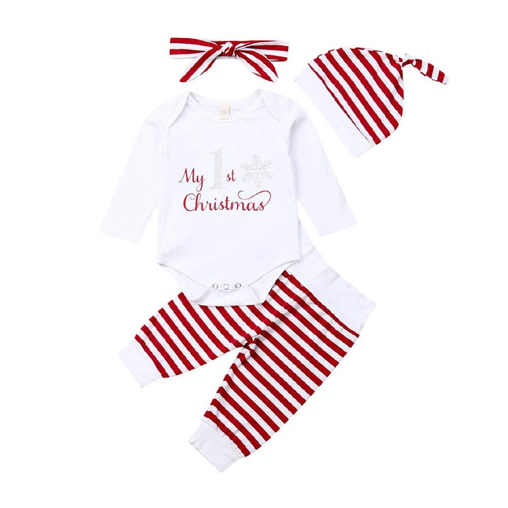 4Pcs Newborn Baby Girls Boys Christmas Outfits My 1st Christmas Romper Tops Striped Pants Hat Headband Set (Red, 6-12M)