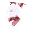 4Pcs Newborn Baby Girls Boys Christmas Outfits My 1st Christmas Romper Tops Striped Pants Hat Headband Set (Red, 6-12M) view 1