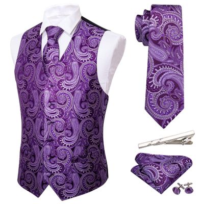 Barry.Wang Purple Silver Formal Men Vest Paisley Jacquard Silk Tie Suit Waistcoat Set Wedding 5PCS