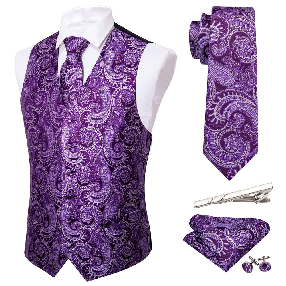 Barry.Wang Purple Silver Formal Men Vest Paisley Jacquard Silk Tie Suit Waistcoat Set Wedding 5PCS