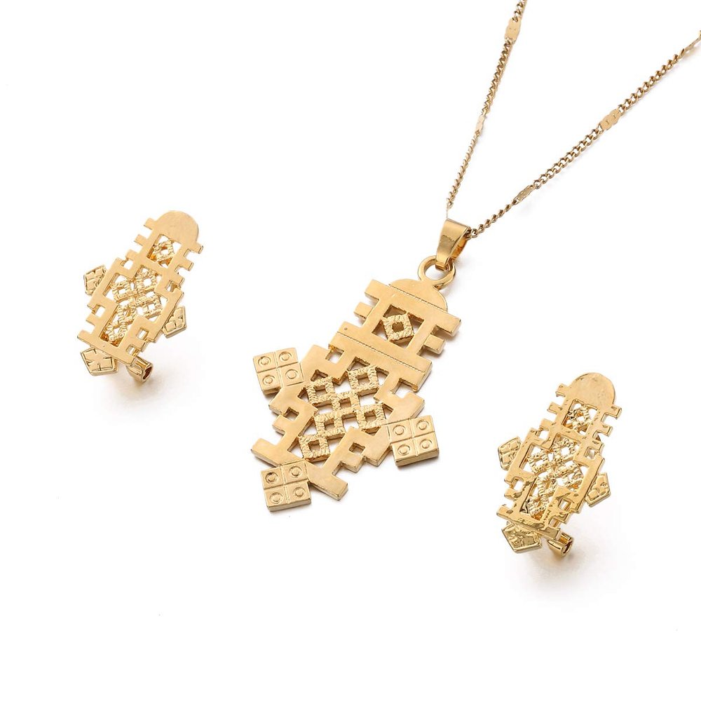 Ethiopian Cross Pendant Earring Set 24k African Gold Cross Symbol Jewelry Set
