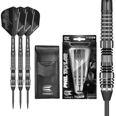 Target Darts Phil Taylor Power 8-Zero 4 Black Steel Tip Darts, 80% Tungsten Dart Set, P8Z4, 21G | Player Edition Darts with Fixed Points | Black Darts Case Included